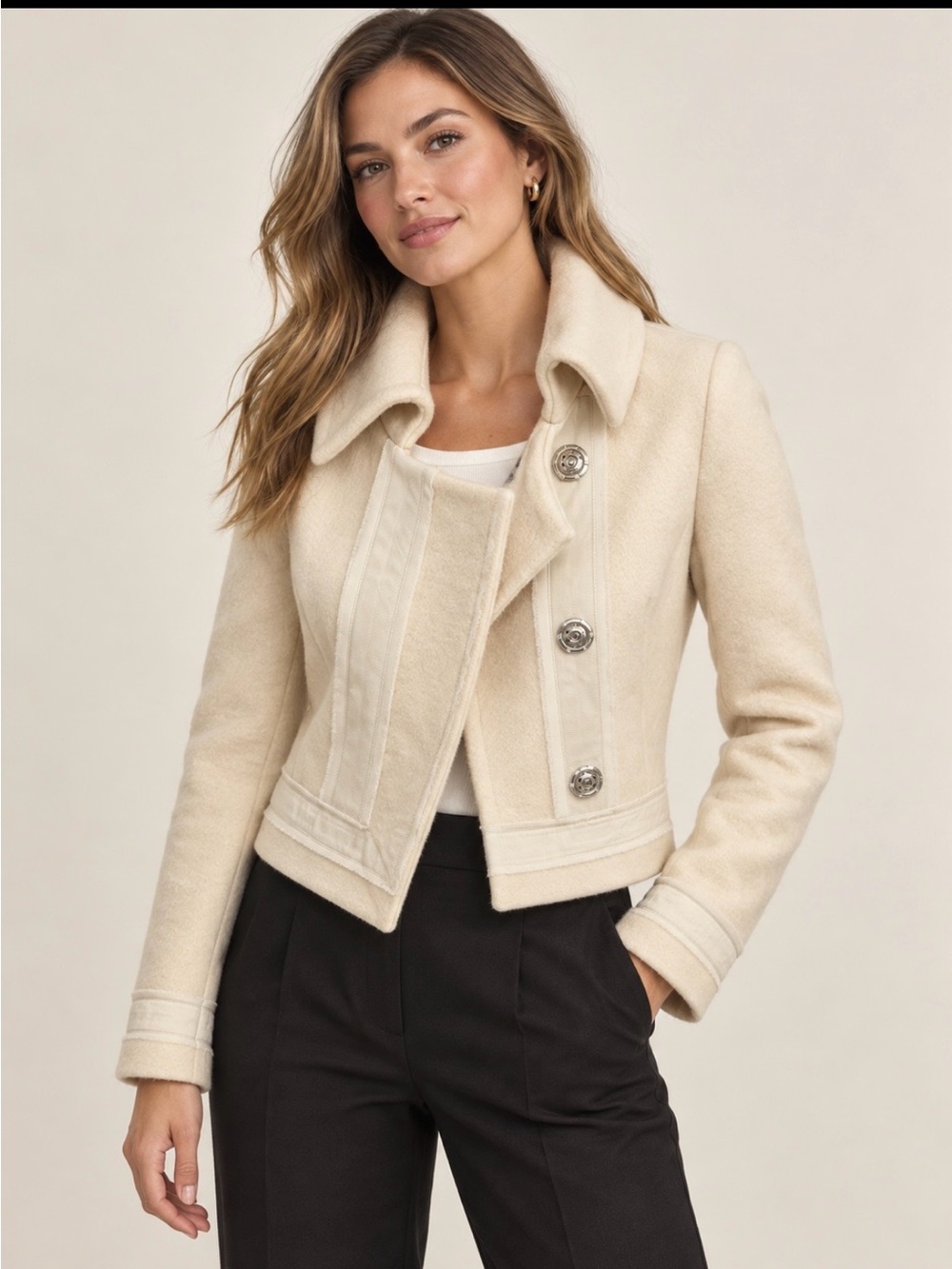 Cream cropped wool blend jacket with stand collar XS snap designer crop peacoat